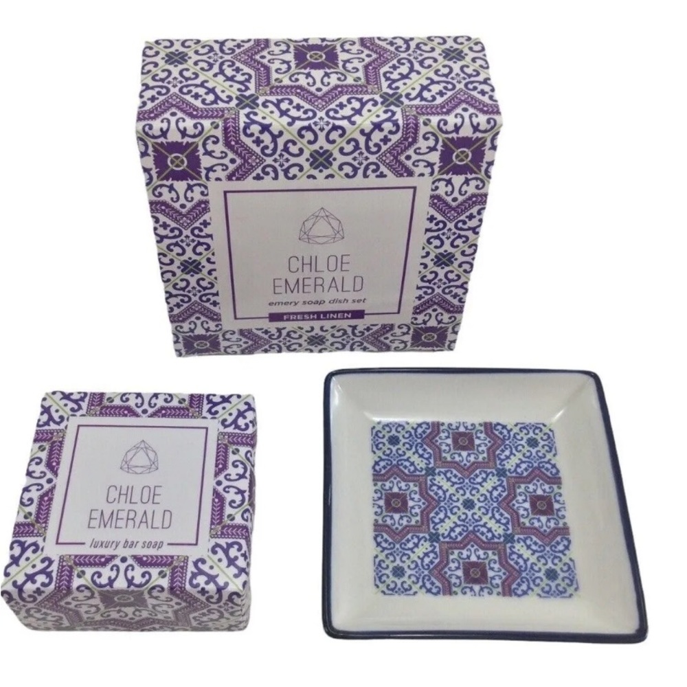 NIB Chloe Emerald ~ Emery Soap Dish Set ~ Fresh Linen Scent Luxury Bar